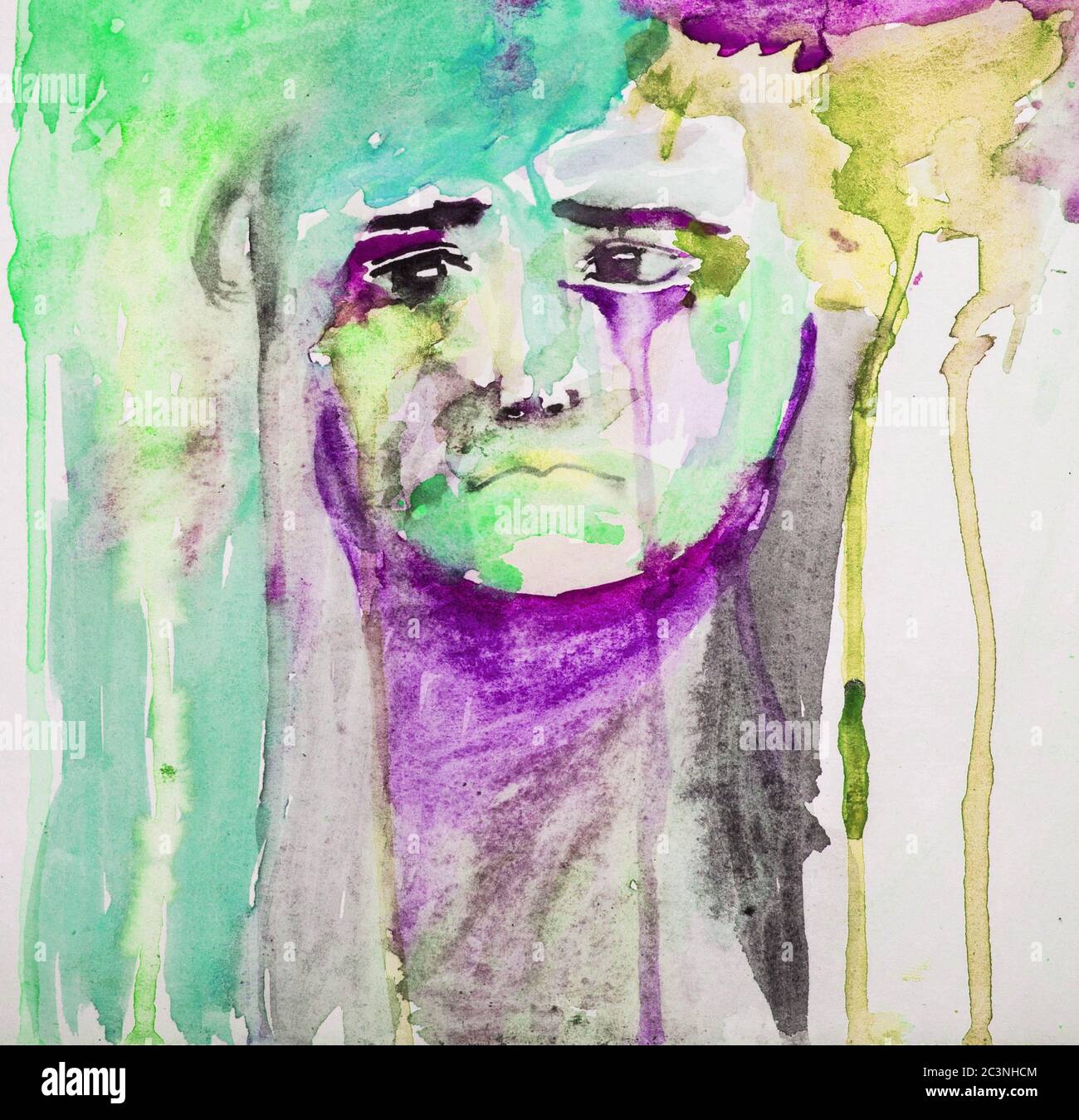 Unhappy Little Sad Kid Portrait - Abstract Watercolor Painting Colorful Stock Photo