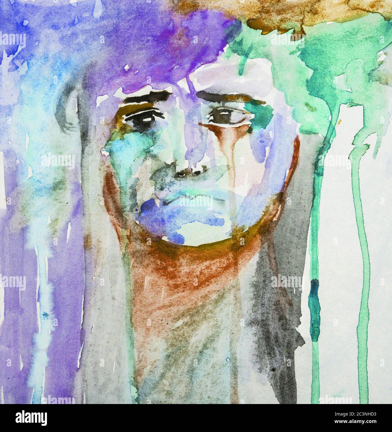 Unhappy Little Sad Kid Portrait - Abstract Watercolor Painting Colorful Stock Photo