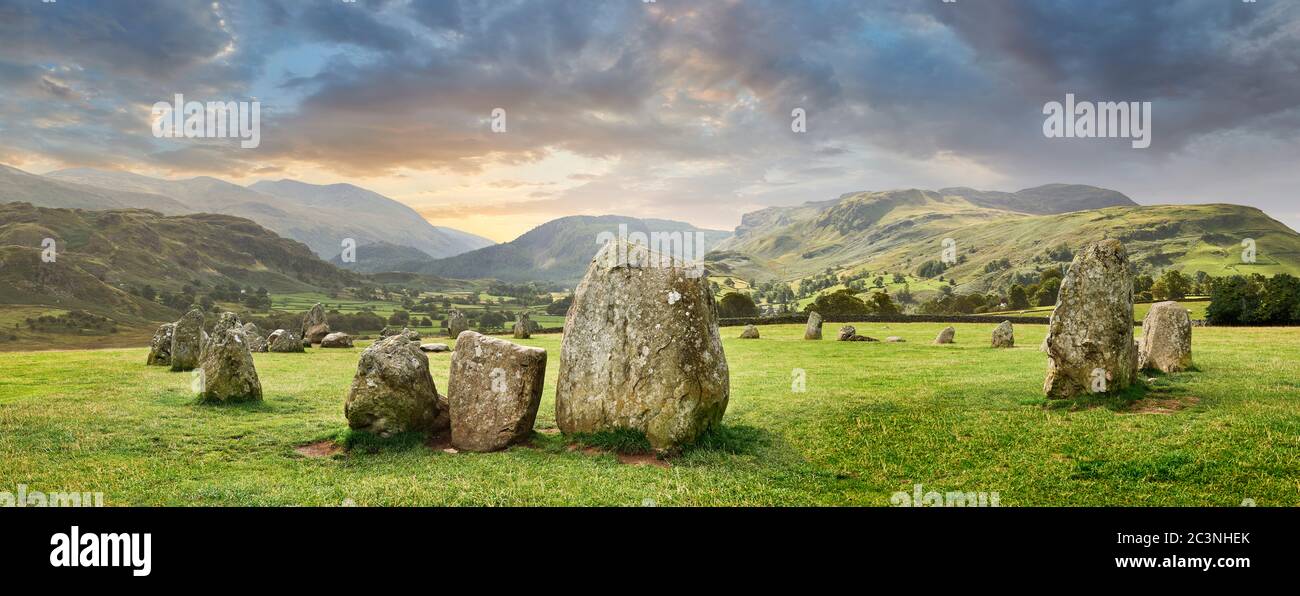 View of neolthic Castlerigg Stone Circle monaliths and the Lake District, England,  built circa 2500 BC.  Castlerigg Stone Circle was built around 450 Stock Photo