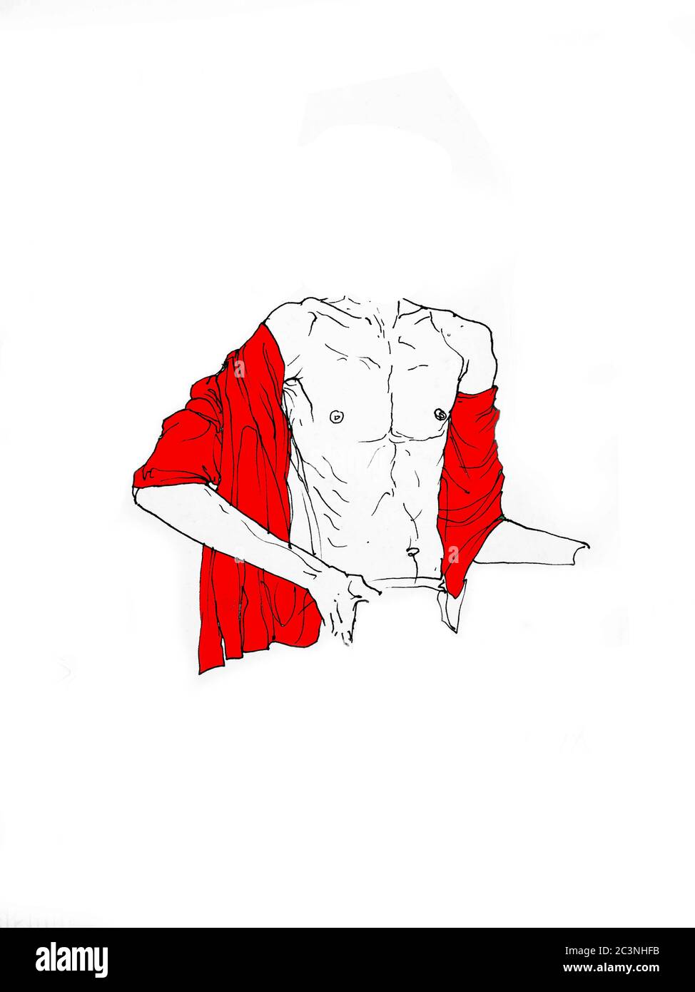 Headless Man Sitting Open Chest With With Fabric - Flag On His Shoulder - Figurative Line Drawing Creative Illustration Stock Photo