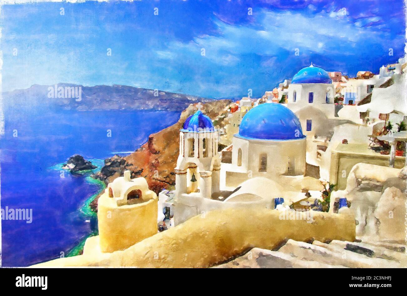 iconic Santorini island. Blue domes of Oia. Greece symbol. Artwork in painting style Stock Photo