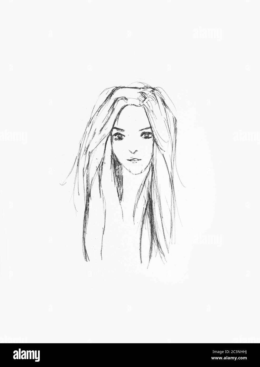 Hand Drawn Beautiful Girl Portrait - Pencil Sketch Of An Anime Girl On A White Paper Stock Photo