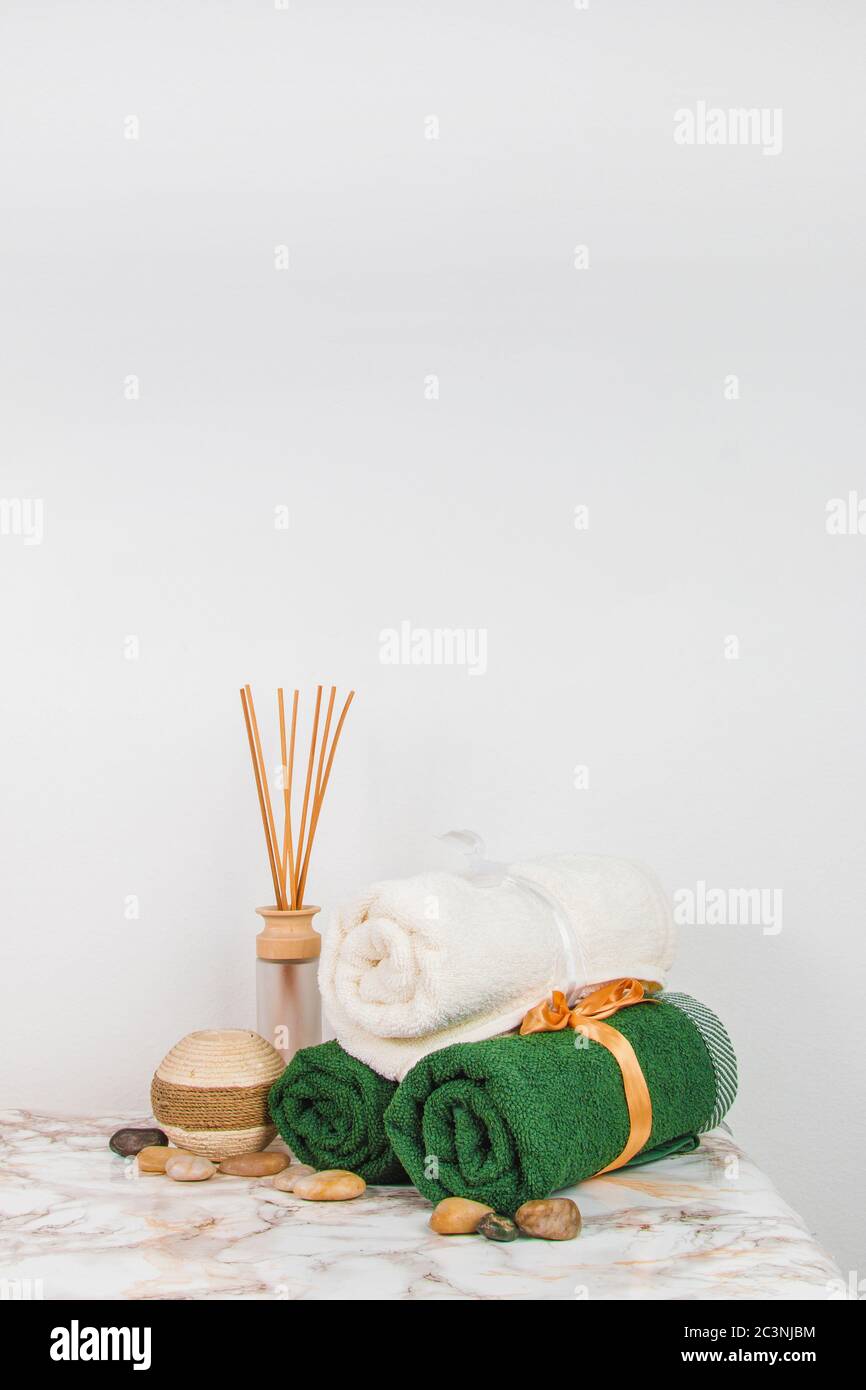 Spa objects and elements on a marble table and white background Stock Photo