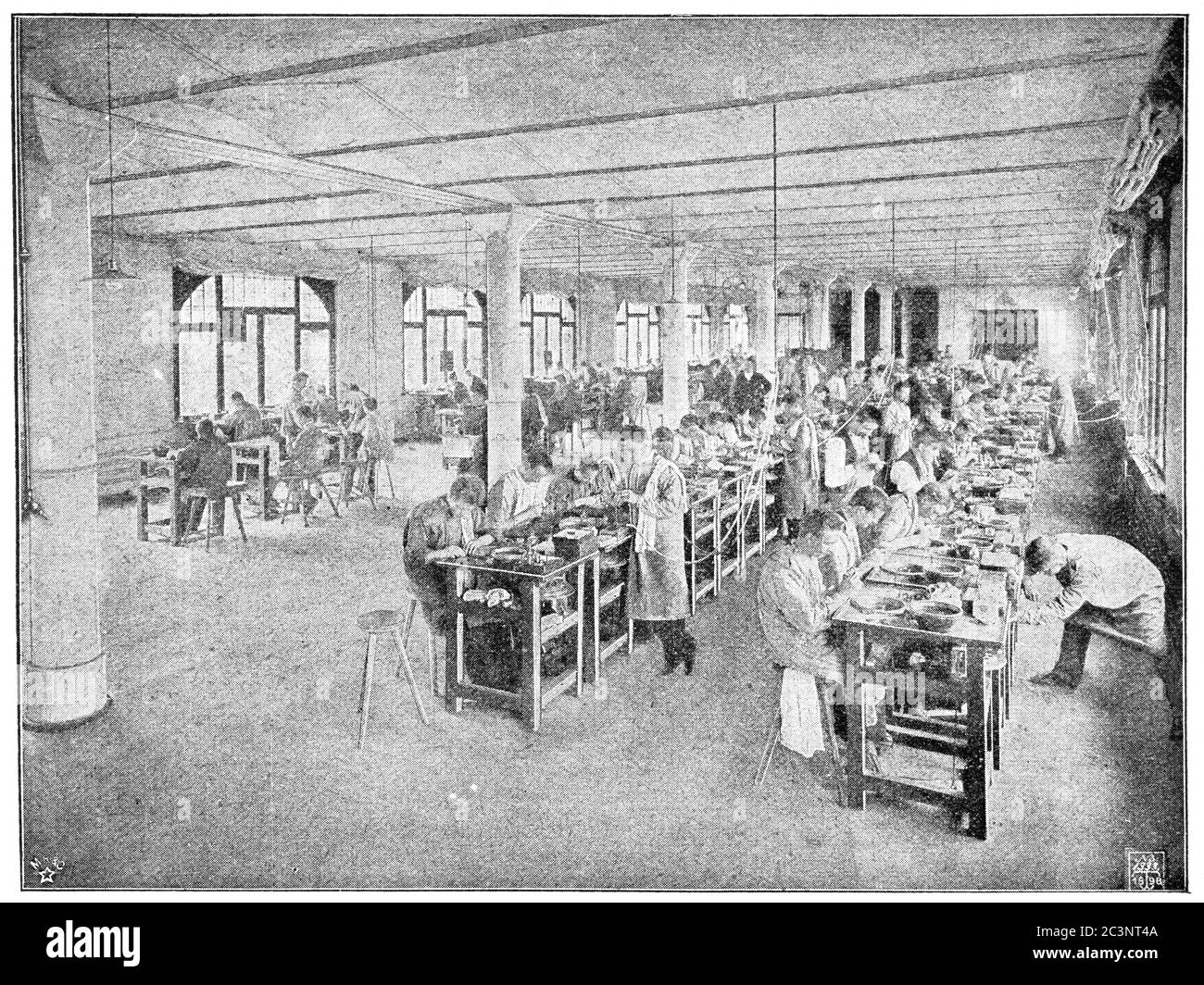 Lens polishing workshop, C. P. Goerz. Illustration of the 19th century. White background. Stock Photo