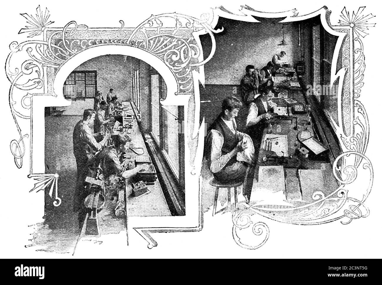 Fine lens grinding and centering workshop, C. P. Goerz. Illustration of the 19th century. White background. Stock Photo