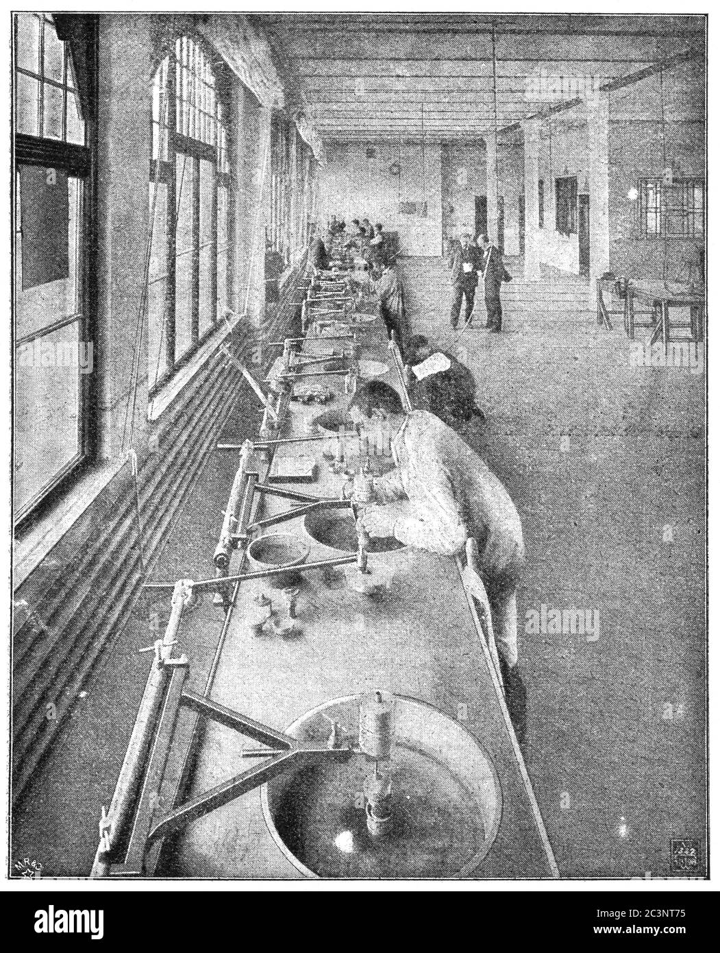 Automated lens polishing workshop C. P. Goerz. Illustration of the 19th century. White background. Stock Photo