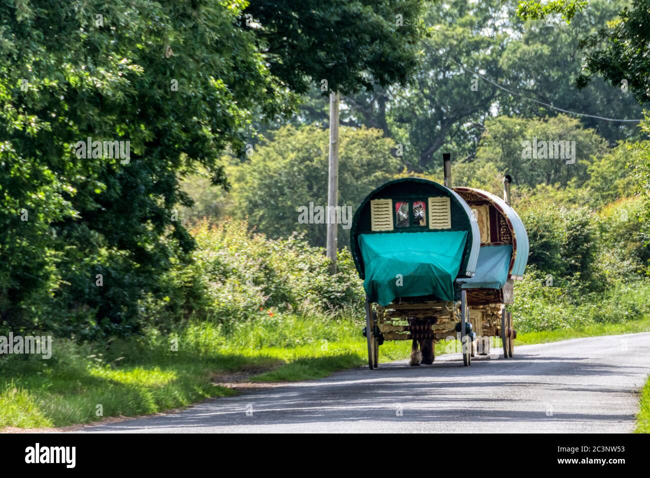Two gypsy style horse drawn caravans on a country road in Norfolk. Stock Photo