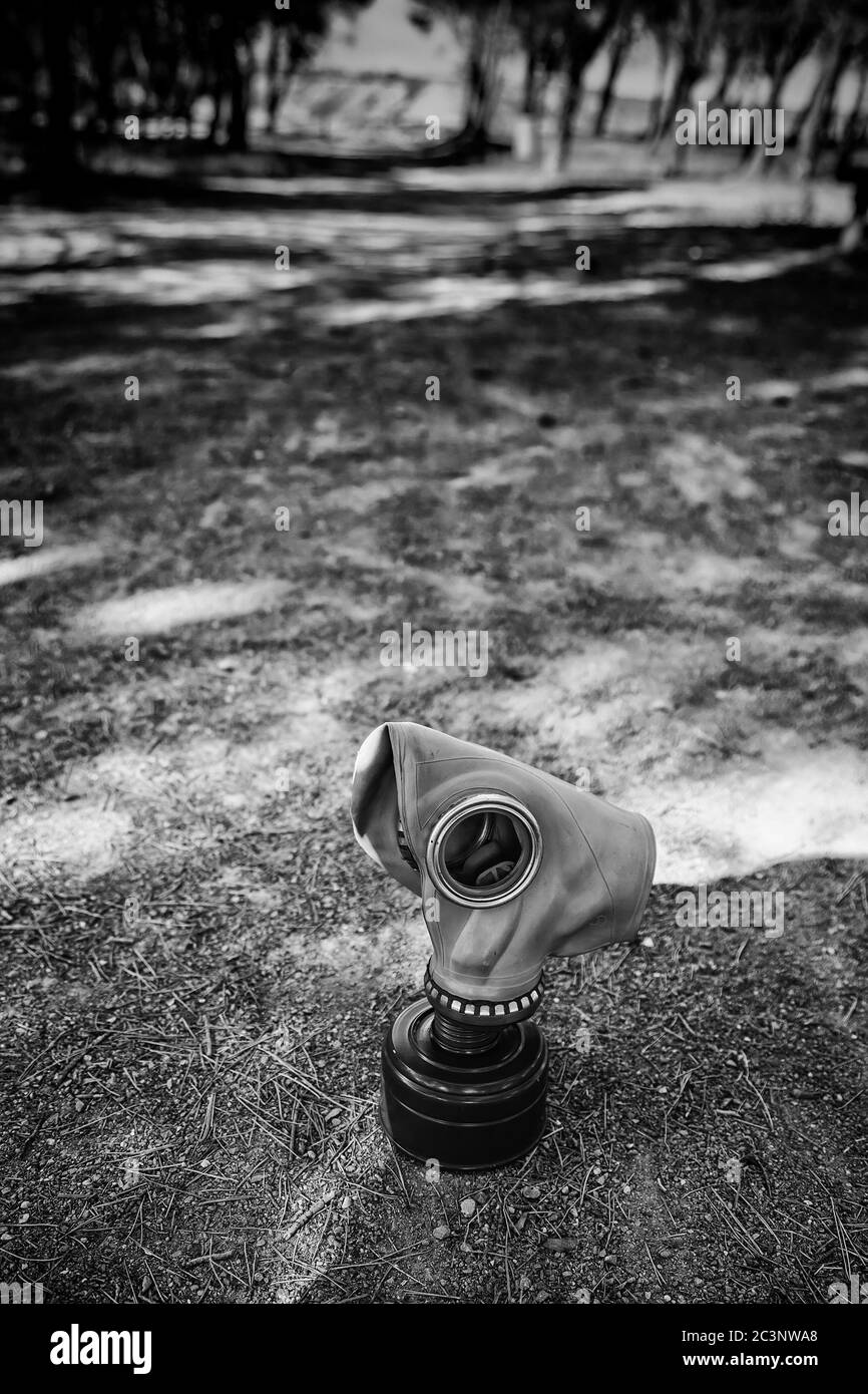 Gas mask for pandemic, covid and anthrax, bacteriological warfare Stock Photo