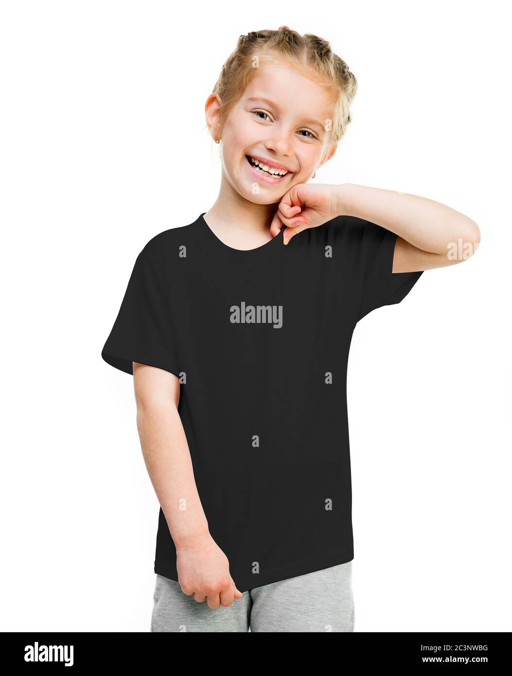 Cute little girl on black t-shirt isolated on a white background, for ypur disign Stock Photo