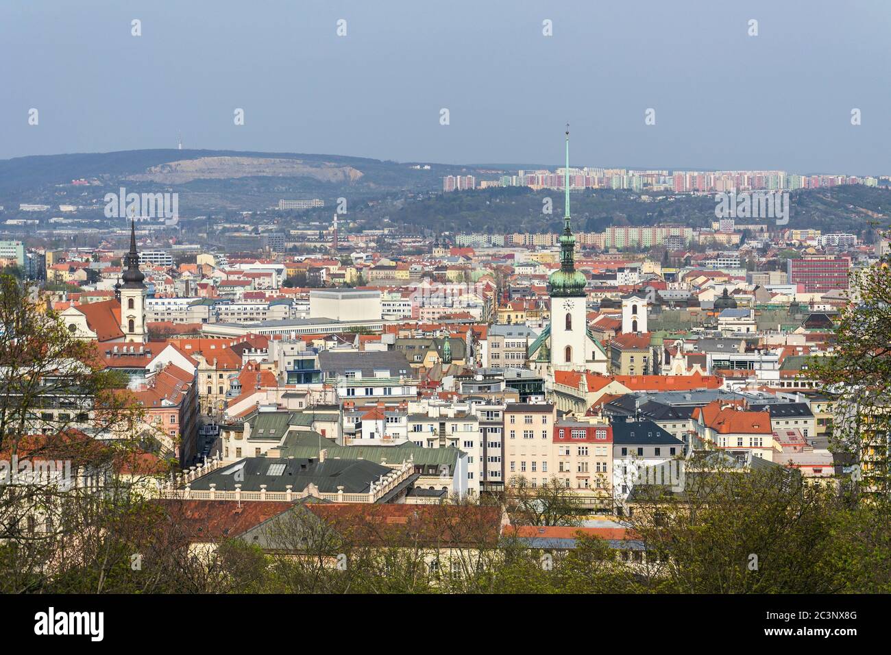 Aerial view of Brno with Church of St. James and Lisen panel housing