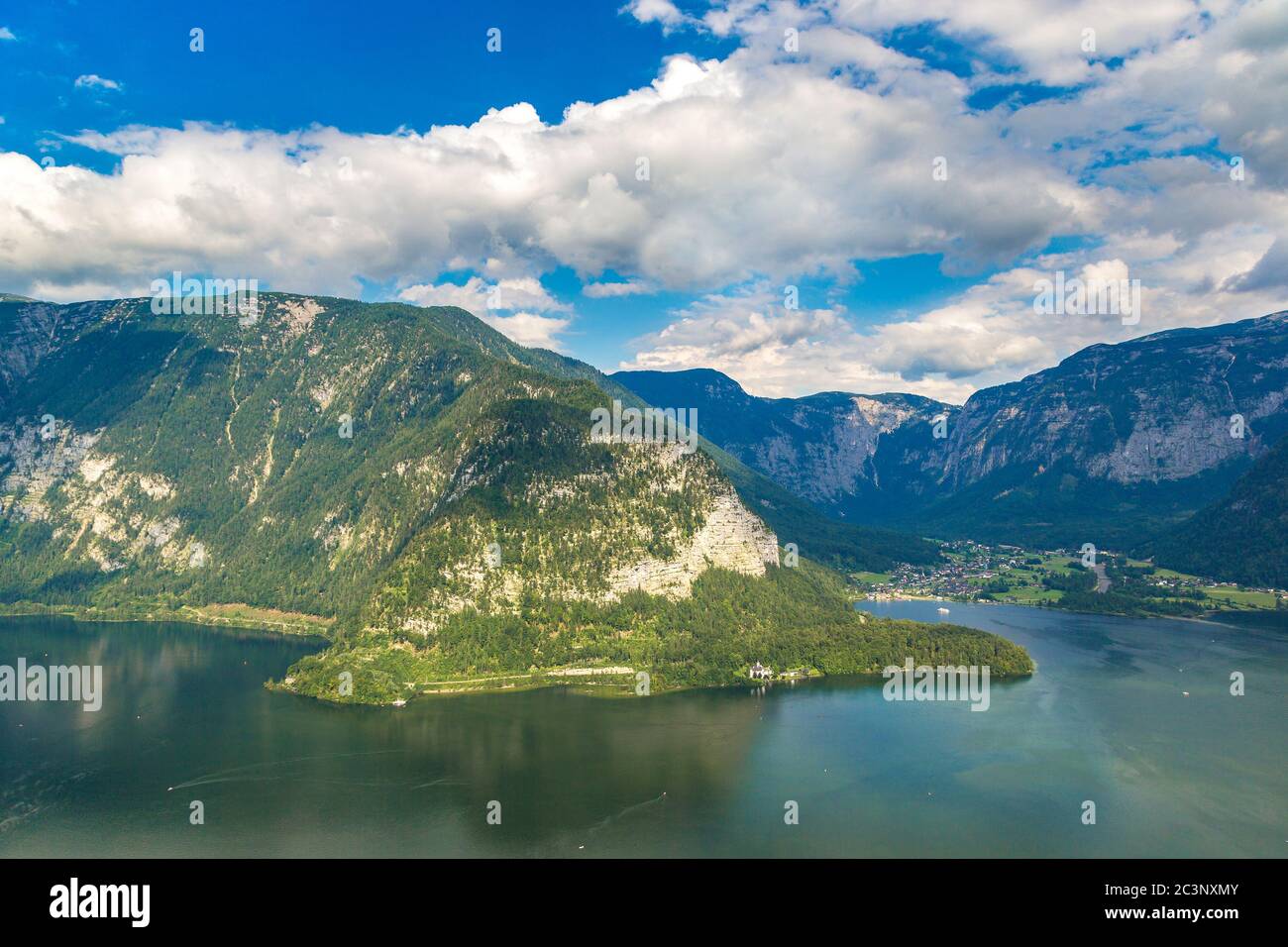 Panoramic view on Alps and lake Hallstatt, Salzkammergut, Austria in a beautiful summer day Stock Photo