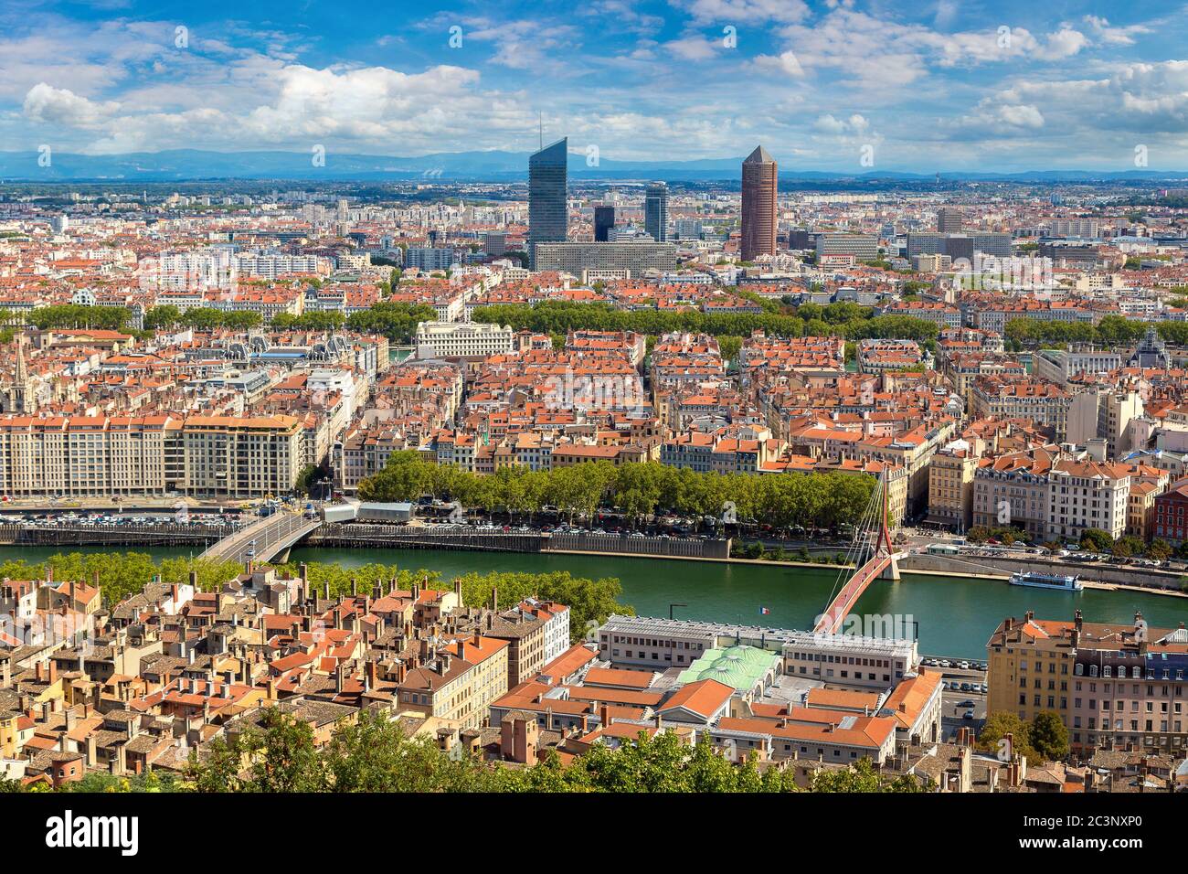 Aerial panoramic view of Lyon, France in a beautiful summer day Stock
