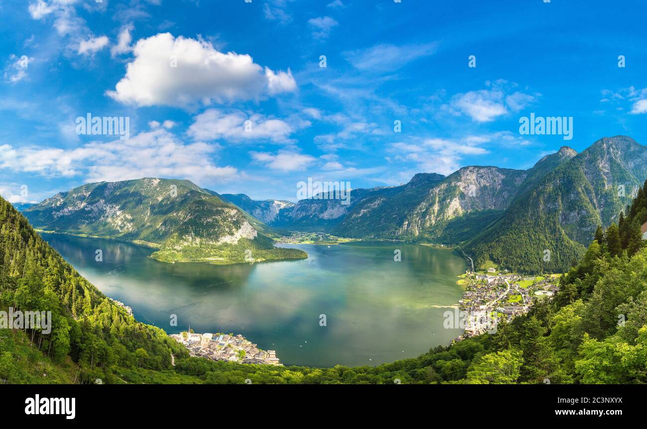 Panoramic aerial view of Famous Hallstatt mountain village, Salzkammergut, Austria in a beautiful summer day Stock Photo