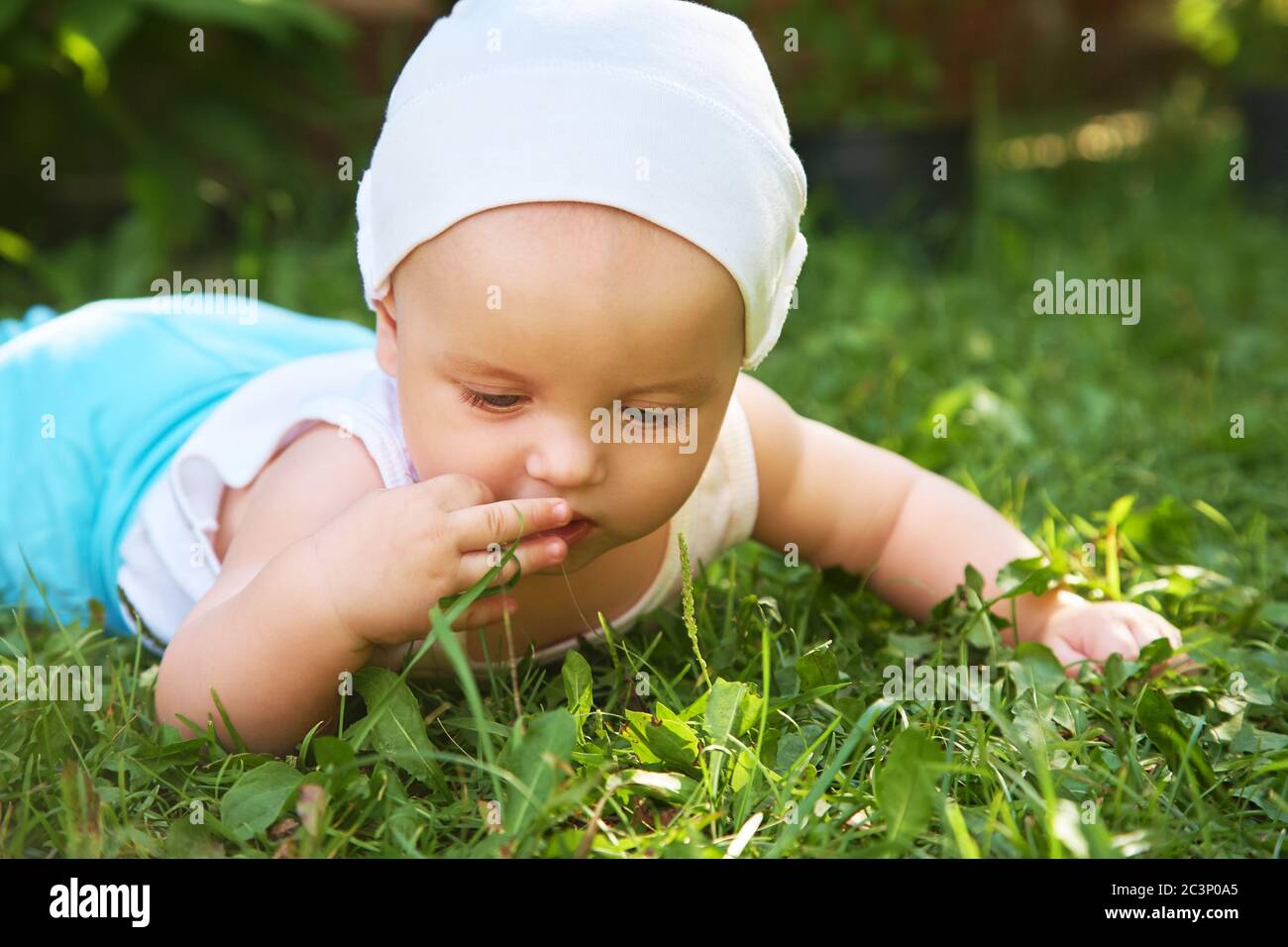 outdoor portrait of a baby on all fours. crawling on knees child on the grass in a summer park. Stock Photo