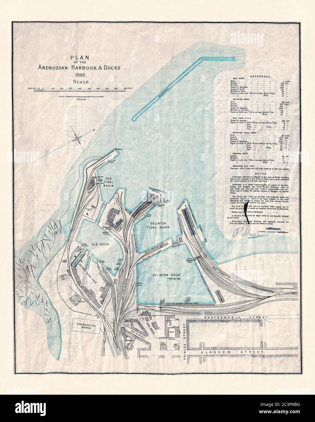 Historical map of Ardrossan harbour and docks, showing docks basins and details of tides and surrounding access road, Ayrshire, Scotland, UK Stock Photo