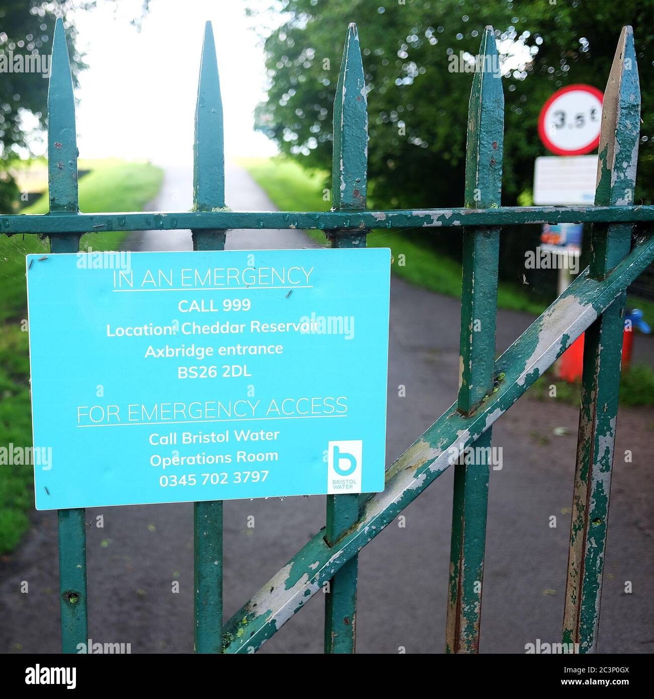 June 2020 - Bristol Water contact sign at the Axbridge gate in to Cheddar reservoir. Stock Photo