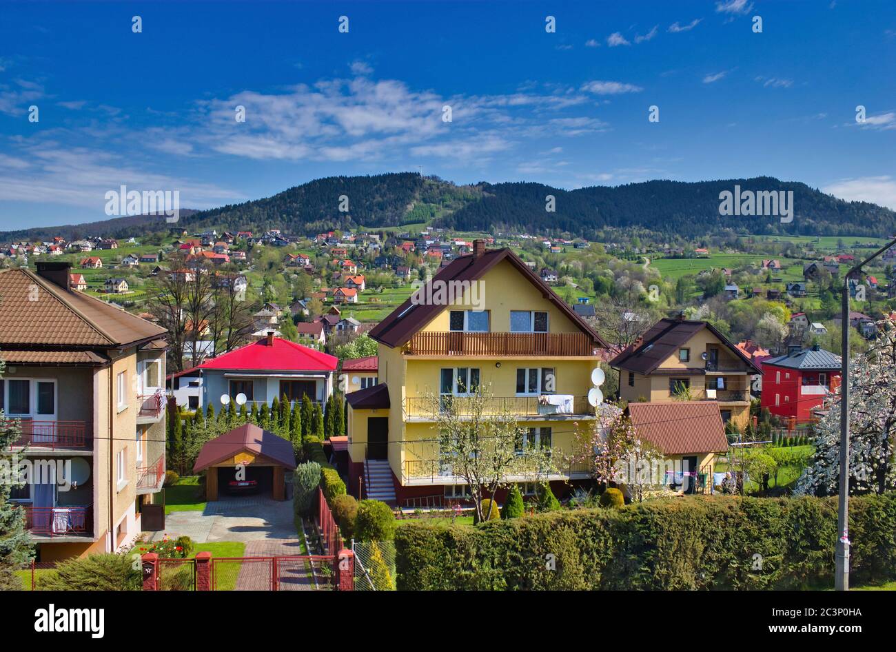 Scenic view of houses located in small country side town named Limanowa, in  south Poland, Europe Stock Photo - Alamy