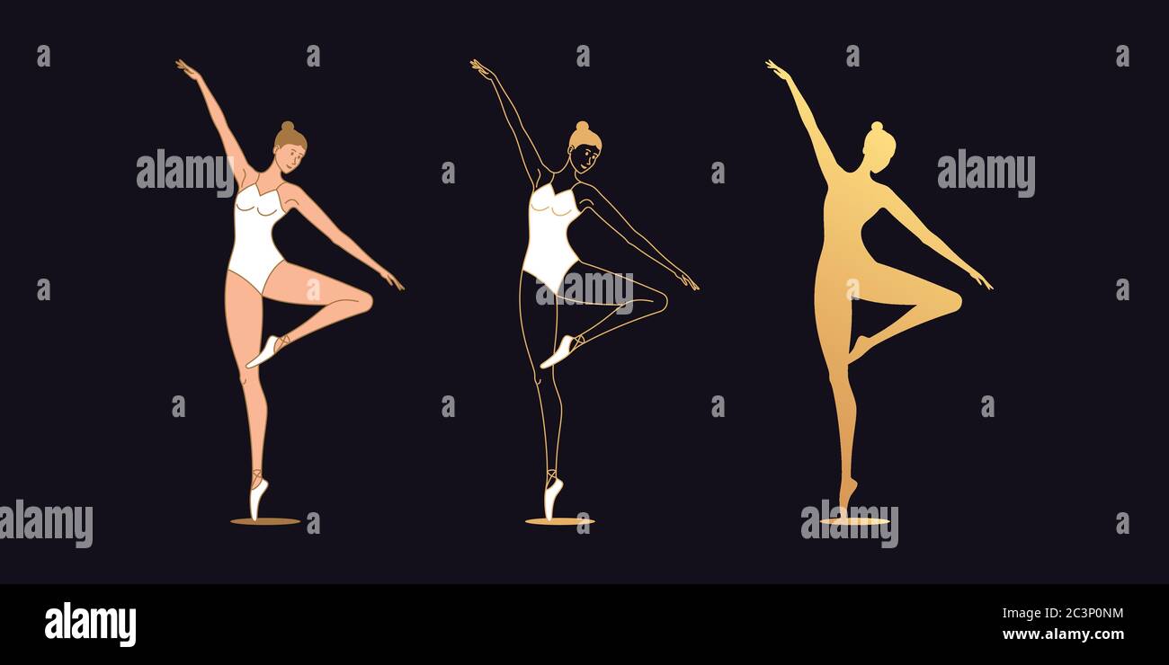 Golden Ballerina Woman In Outline Style Set Of Silhouette Ballet Dancer Stands On One Leg Bends Second Leg And Lifts Up One Hand Ballet Posture P Stock Vector Image Art
