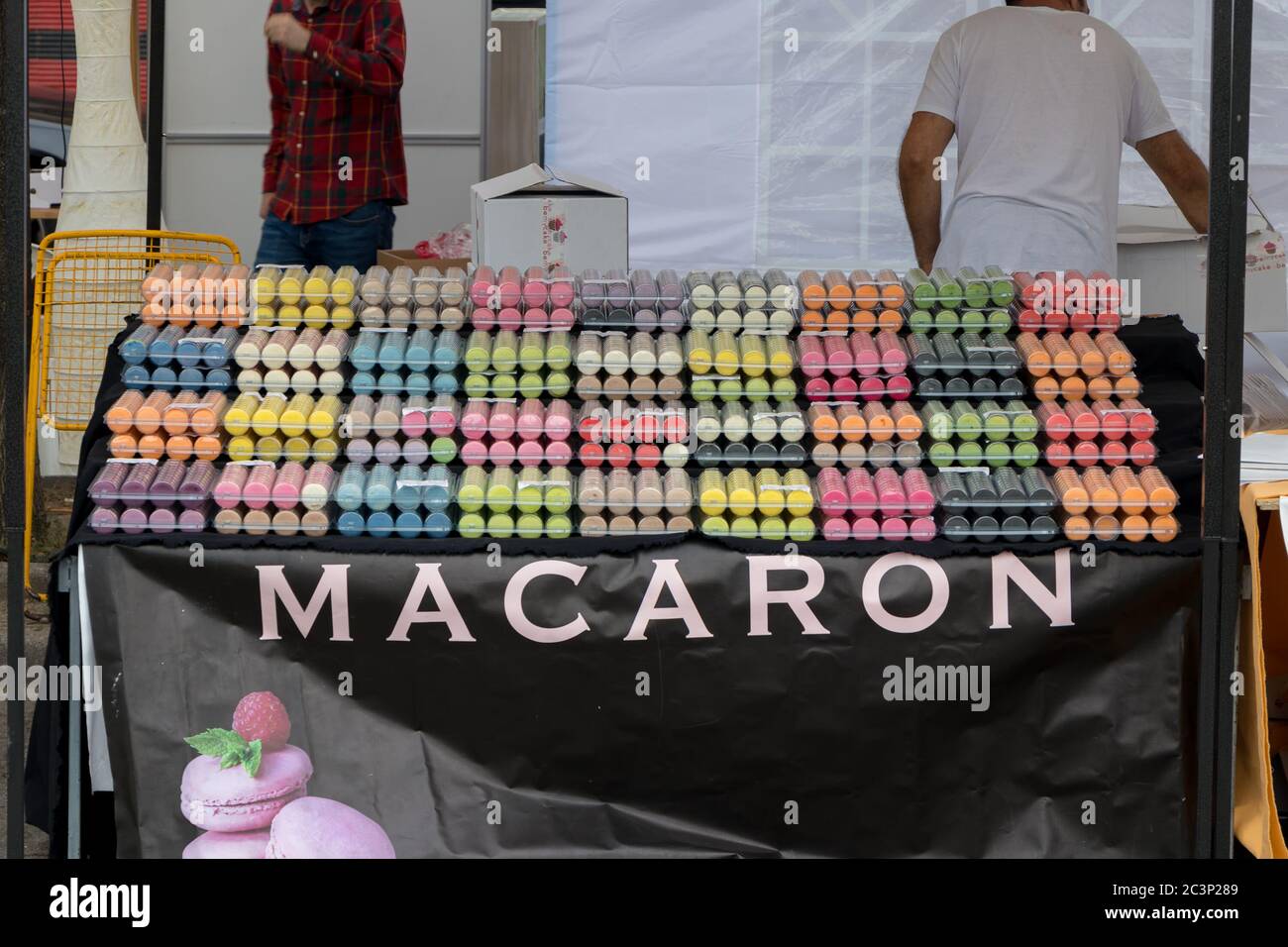 Budapest, Hungary - September 7, 2019; Macarons for sale, different colors and flavors at Pozsonyi Piknik Stock Photo