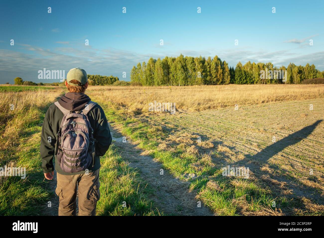 A man with a backpack walking dirt road through fields, forest and blue sky, beauty view in eastern Poland Stock Photo