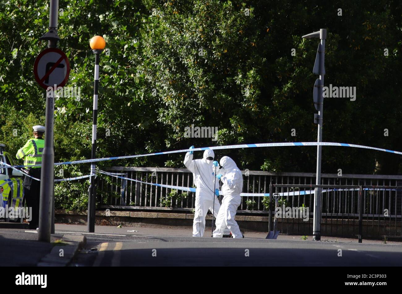 Forensic officers work near Forbury Gardens, in Reading town centre, the scene of a multiple stabbing attack which took place at around 7pm on Saturday leaving three people dead and another three seriously injured. Stock Photo