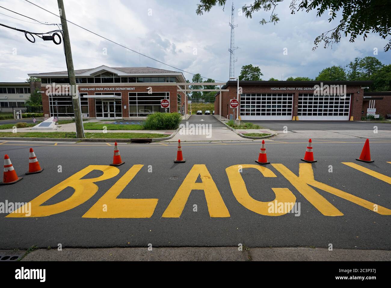A Black Lives Matter mural has been painted on S. 5th Ave. across from the police and fire departments, and borough hall in Highland Park, New Jersey. Stock Photo
