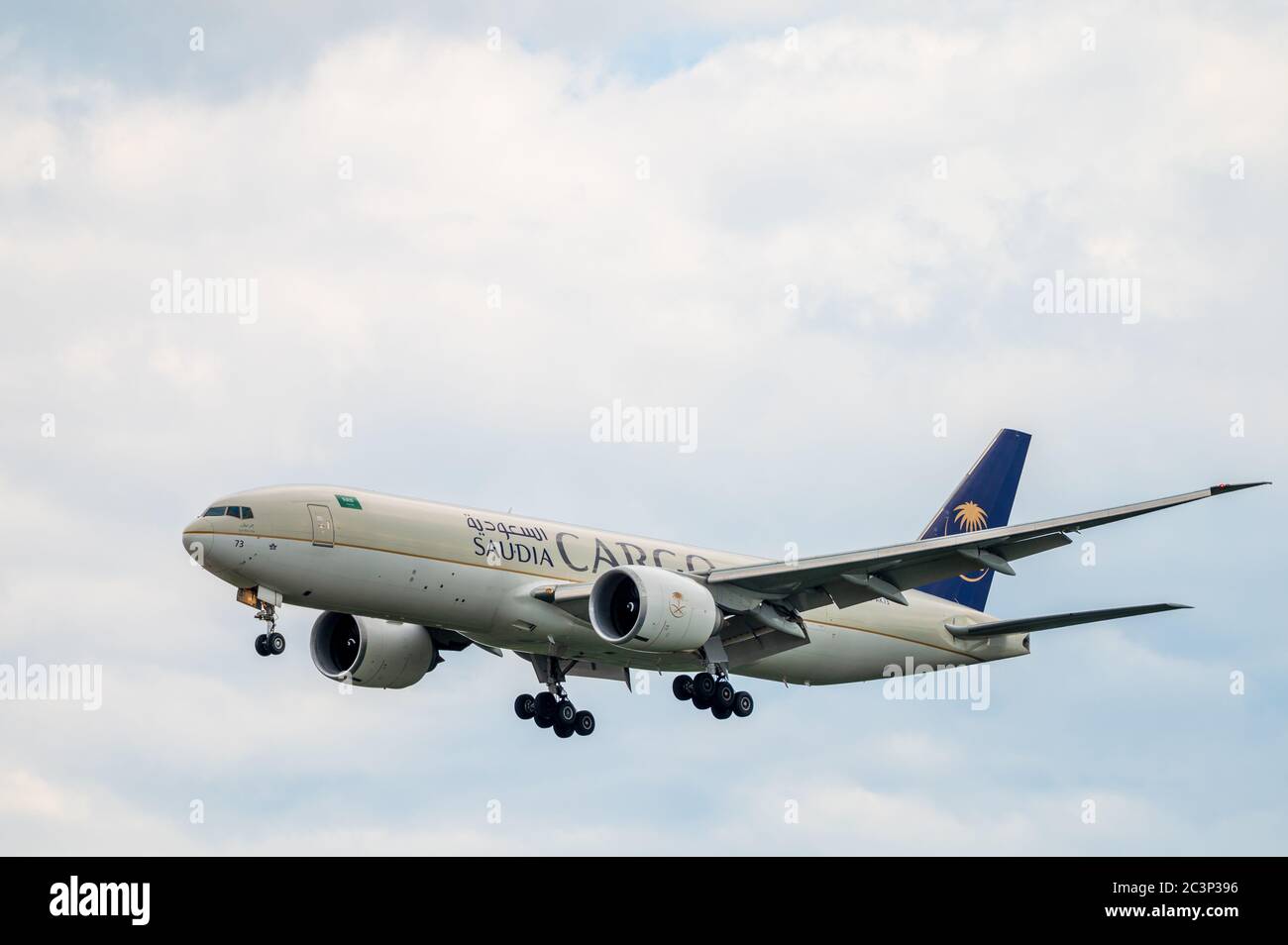 Saudi, Saudia Arabia national airline, Boeing 777F cargo airplane on approach to land Stock Photo