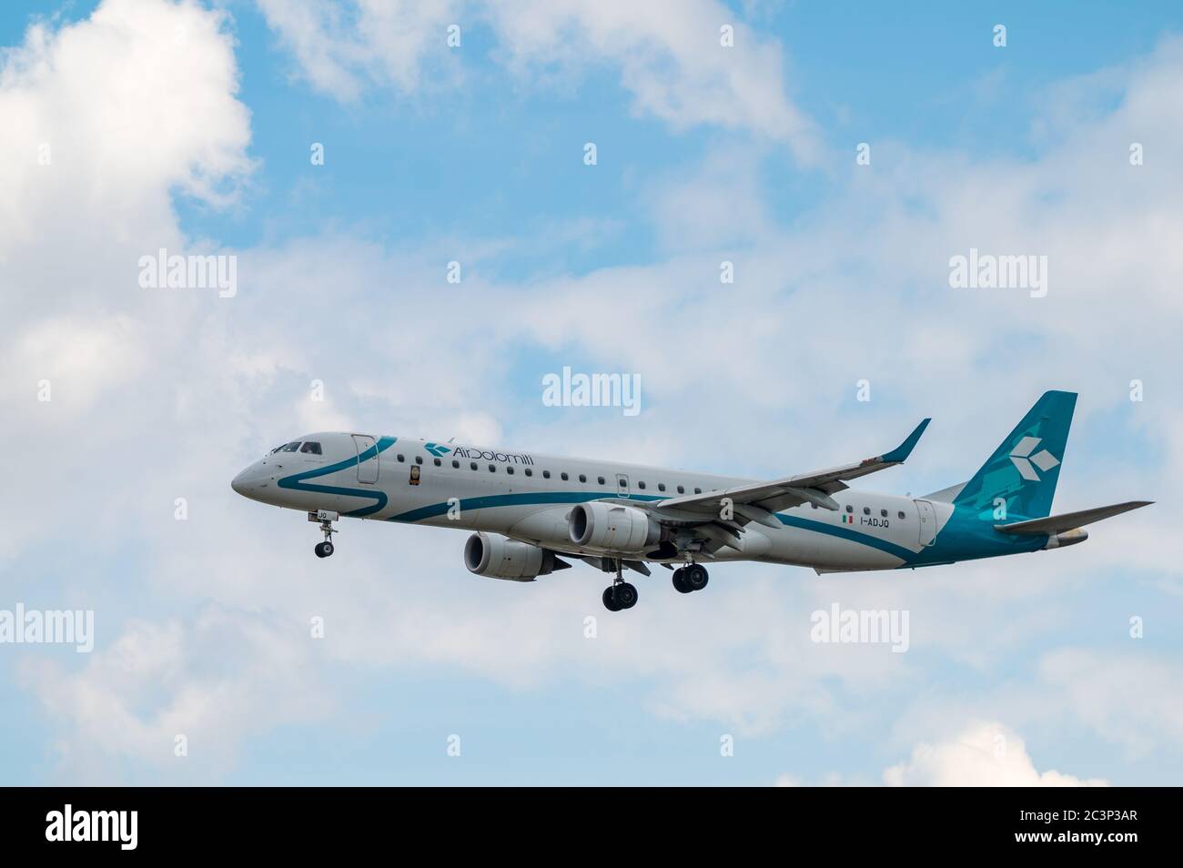 Air Dolimiti Embraer E195 I-ADJQ regional aircraft on approach to land at EDDF Frankfurt Airport, Germany Stock Photo