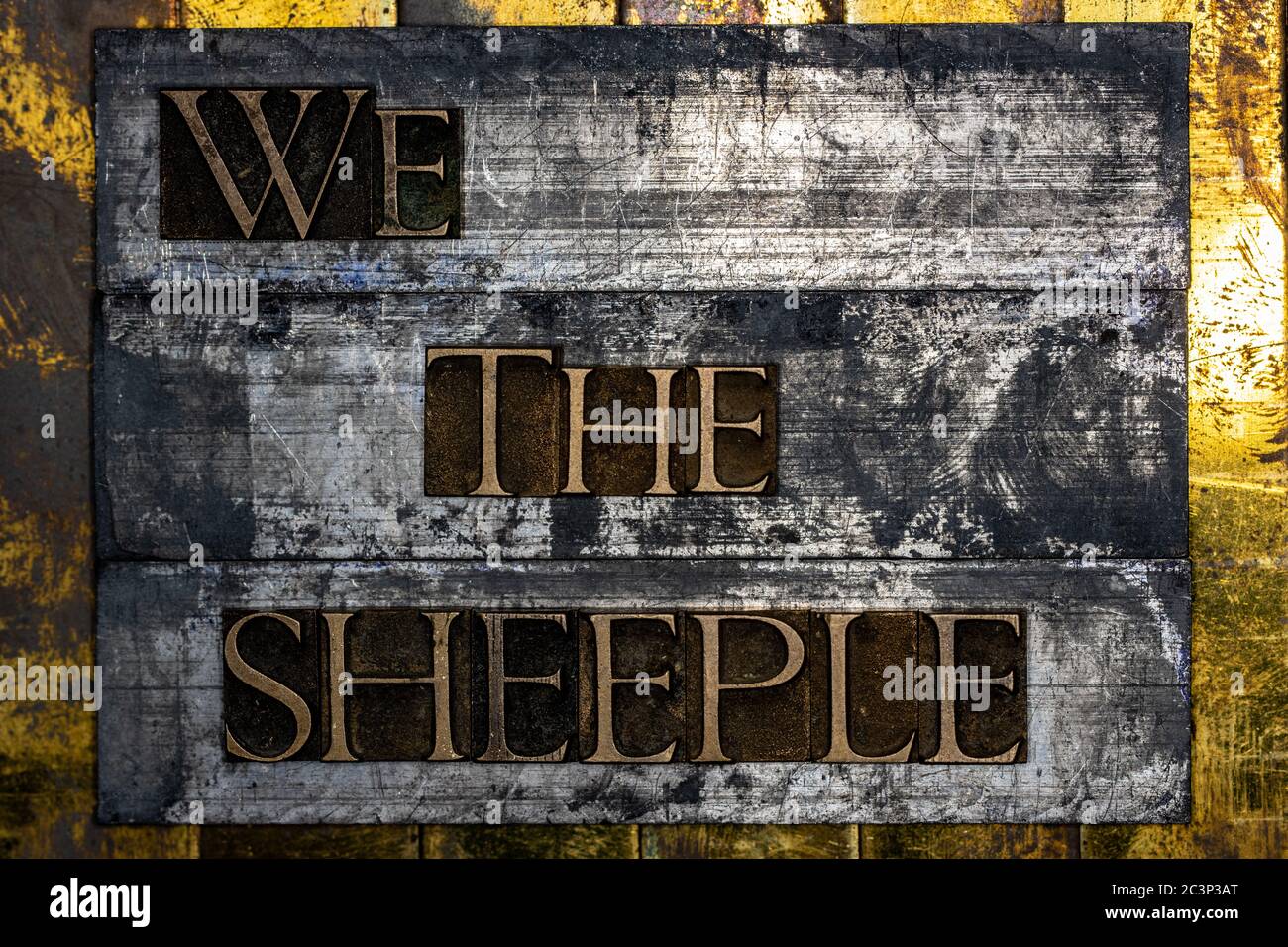 We The Sheeple text formed with real authentic typeset letters on vintage textured silver grunge copper and gold background Stock Photo