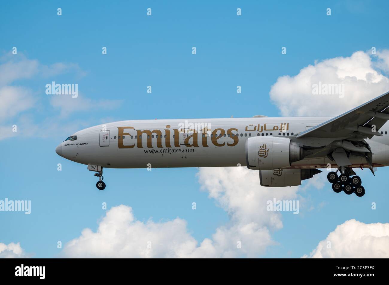 Emirates Airline Boeing 777-300ER wide body aircraft A6-EGU approaching to land at EDDF Frankfurt airport in Germany Stock Photo
