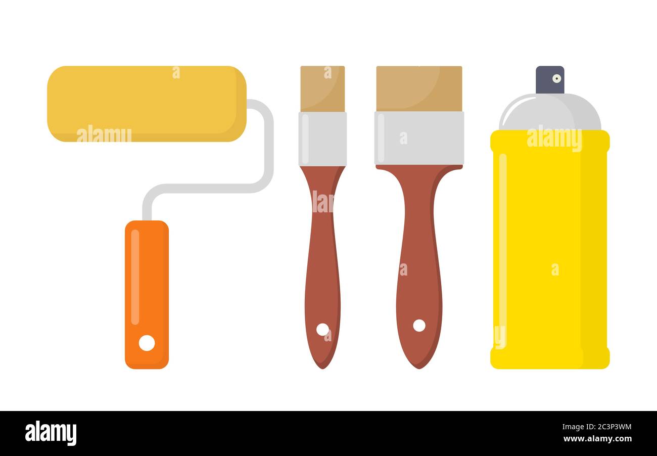 Painting tools set. Tools for various ways of painting. Paint roller, brushes, spray paint. Vector flat illustration, isolated Stock Vector