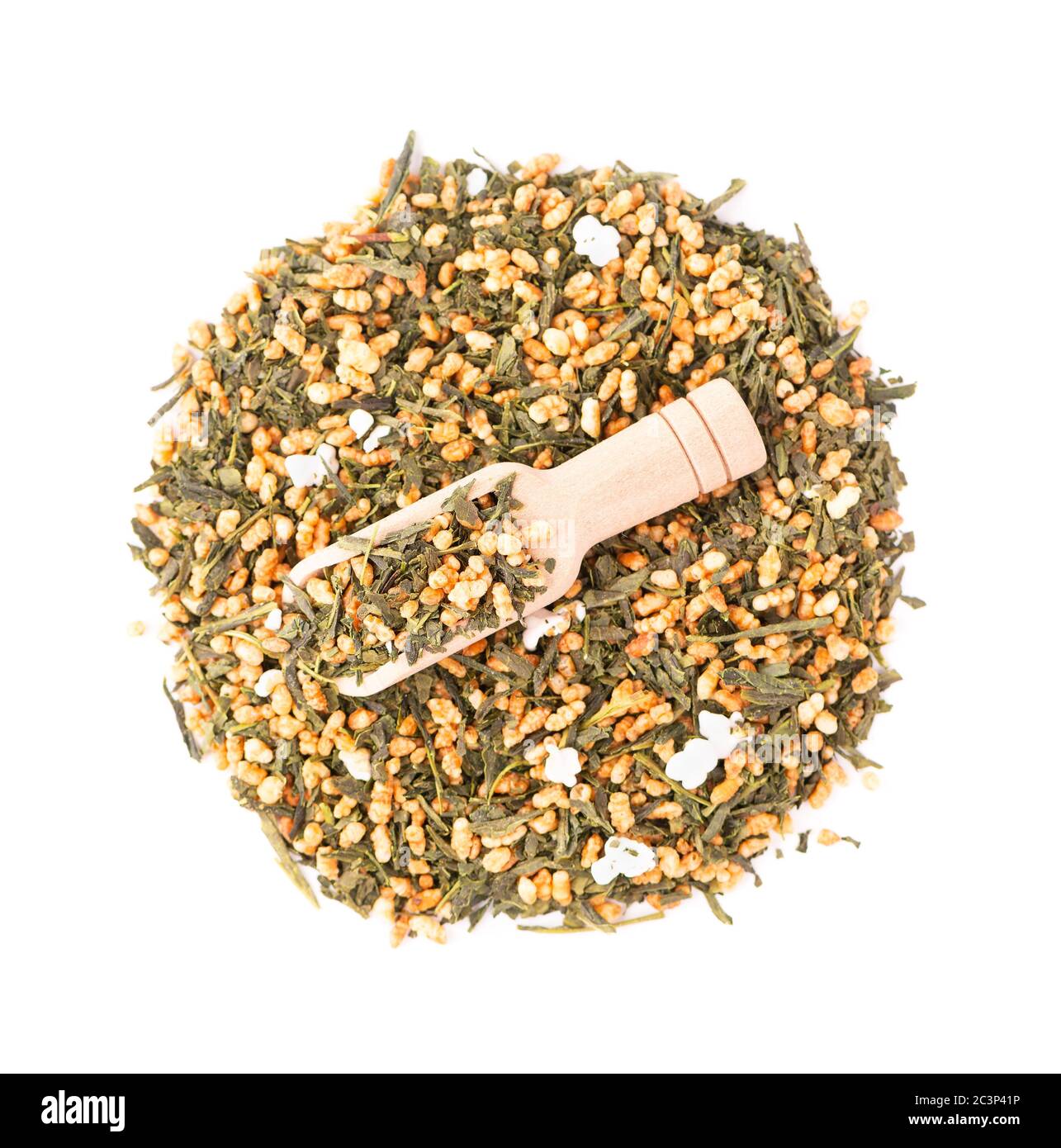 Japanese green tea Genmaicha, isolated on white background. Tea leaves