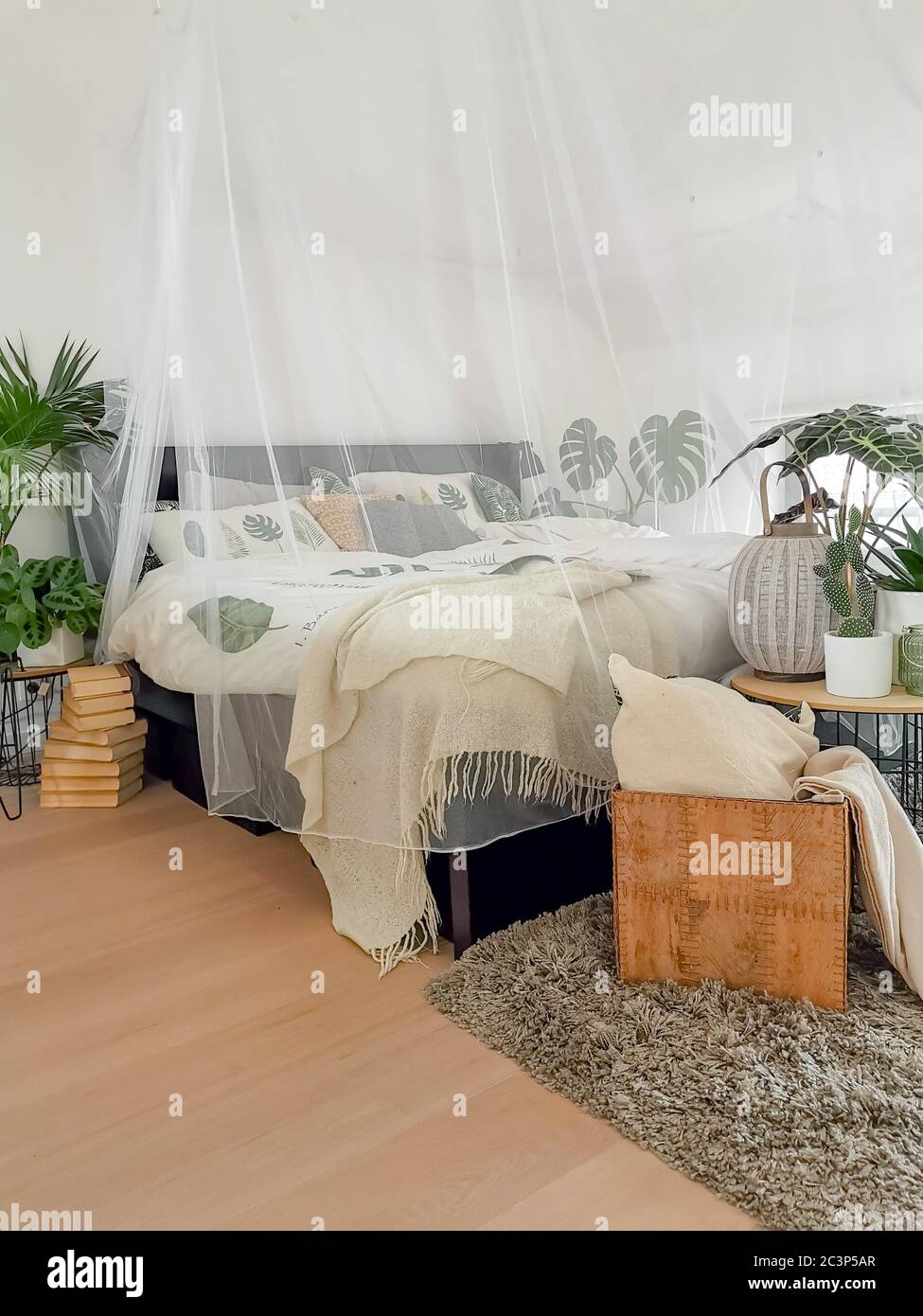 Bright white bedroom filled with numerous houseplants and flooded in natural light Stock Photo