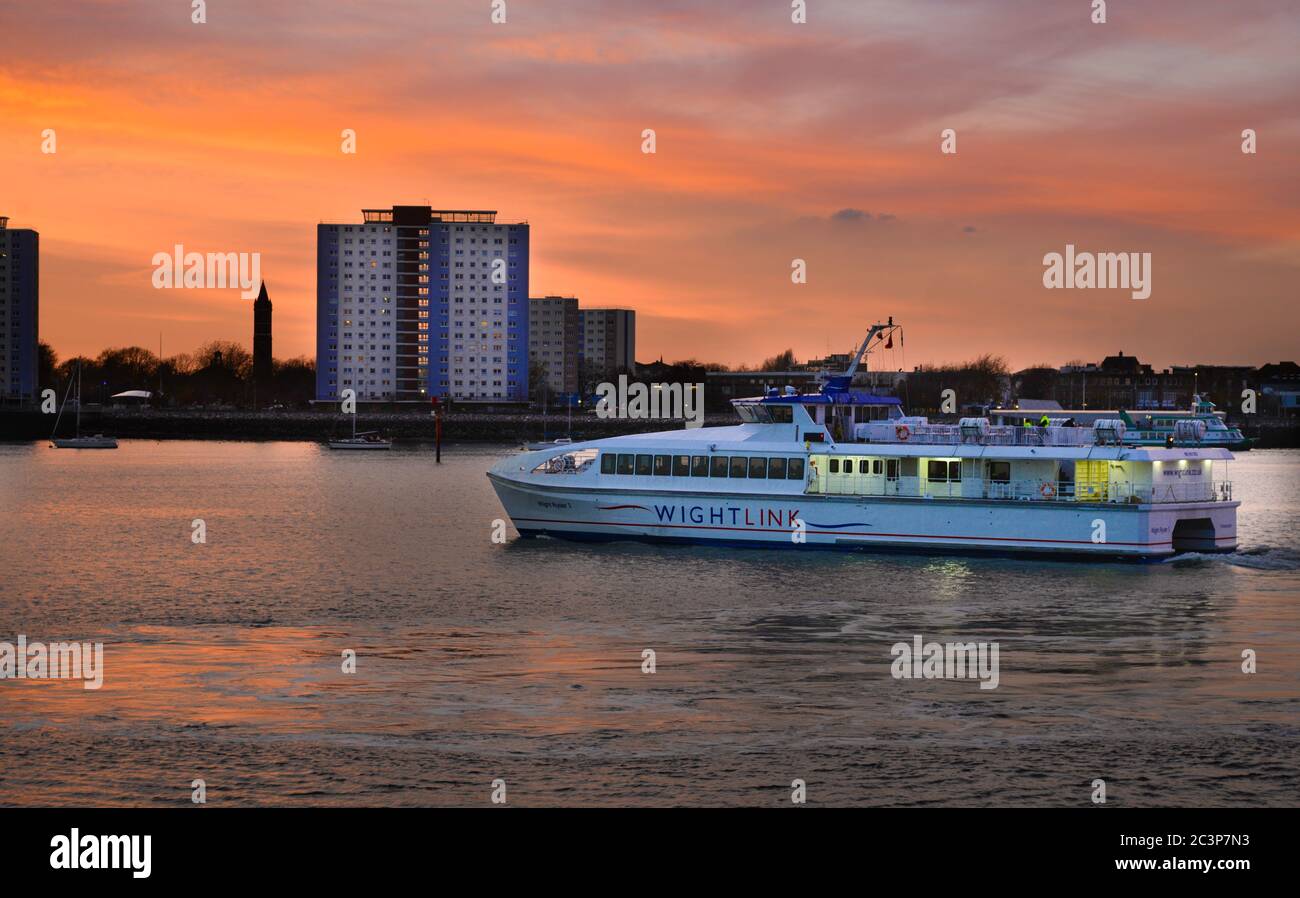 Wightlink catamaran ferry leaving Portsmouth for Ryde, Isle of Wight, Hampshire, England Stock Photo