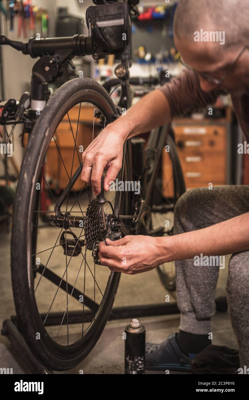 Road bicycle maintenance in service center. Stock Photo
