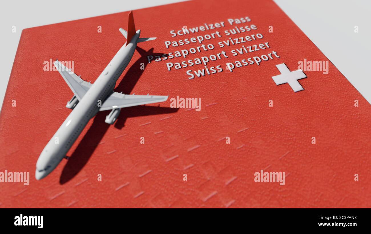 Swiss passport with airplane Stock Photo