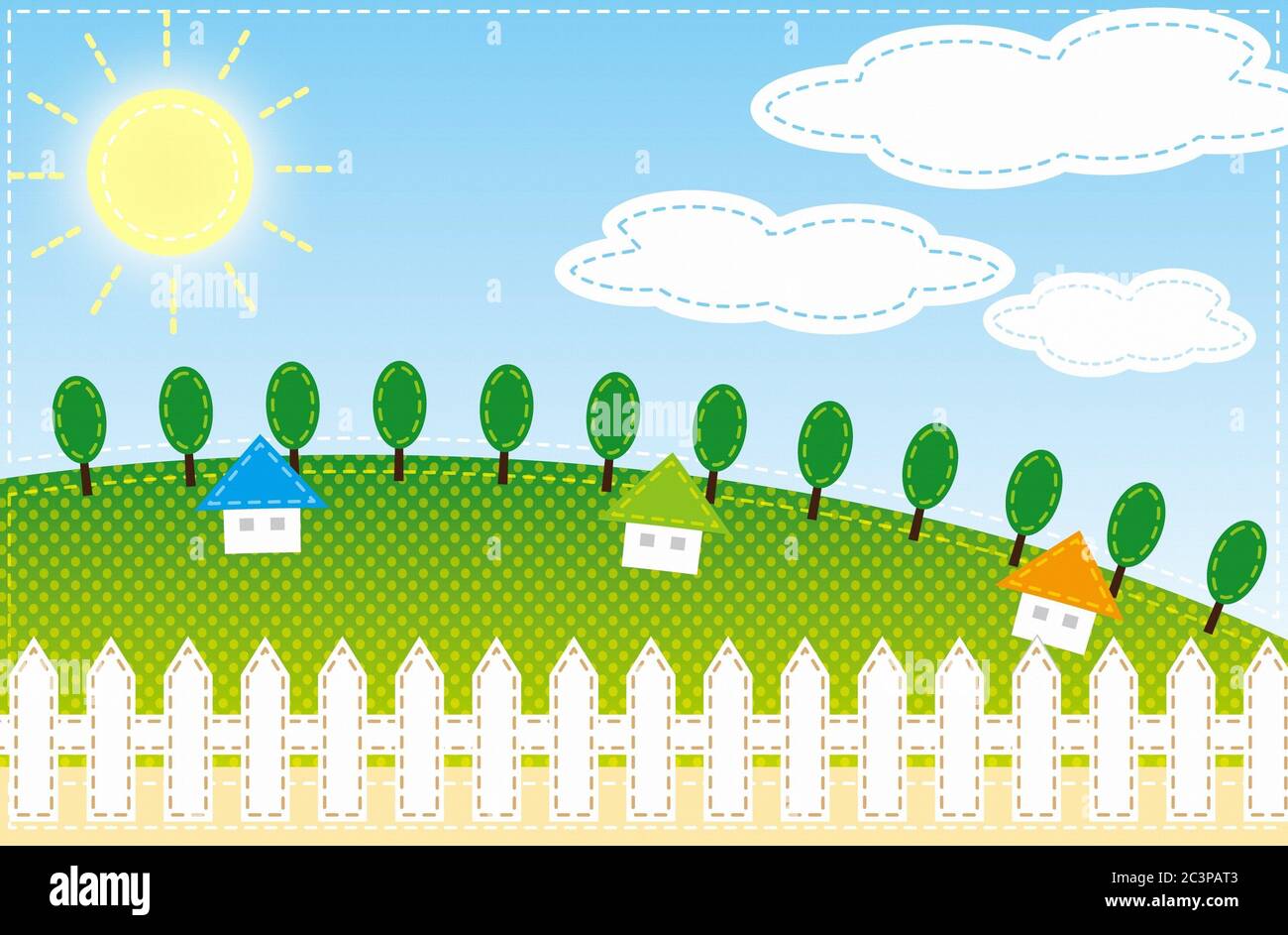 An illustration of houses and trees with white fences on a green hill ...