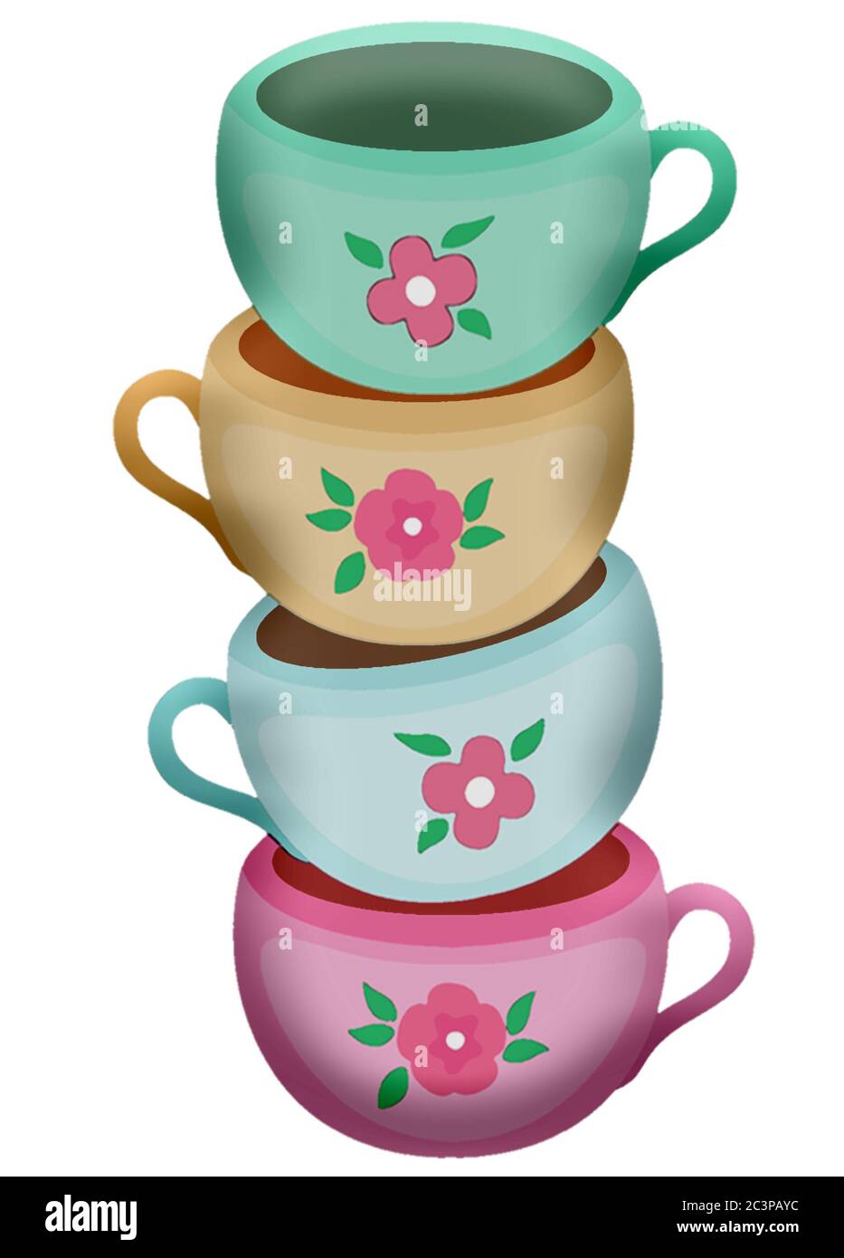 An illustration of colorful cups on top of each other isolated on a white background Stock Photo