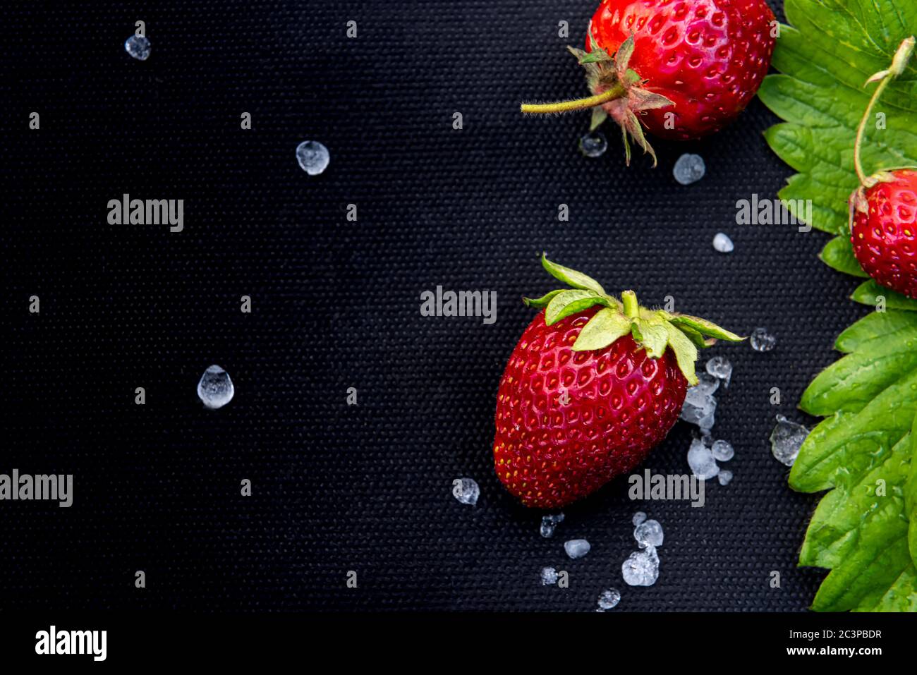 Beautiful red strawberries with few white hailstones and leaf on black textile material used for cultivating this berry in garden. Horizontal backgrou Stock Photo