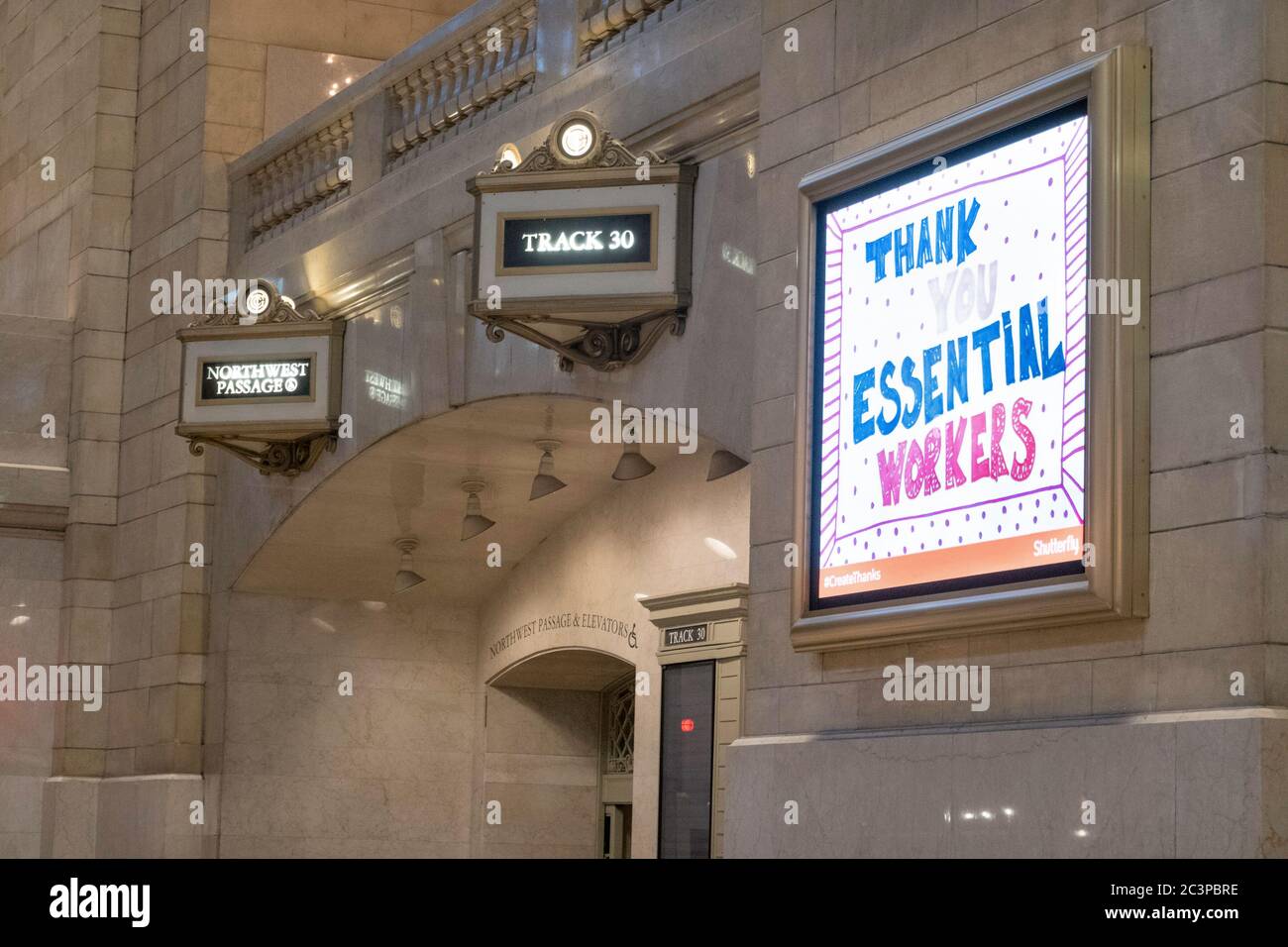 Signs in Grand Central Terminal thanking essential workers during coronavirus pandemic, New York City, USA Stock Photo