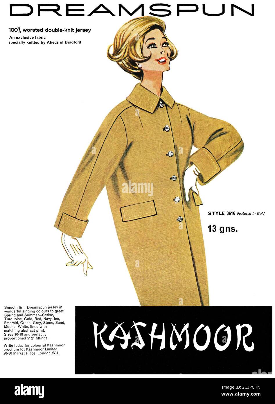 1962 British advertisement for Kashmoor Dreamspun jersey fashion coats. Stock Photo