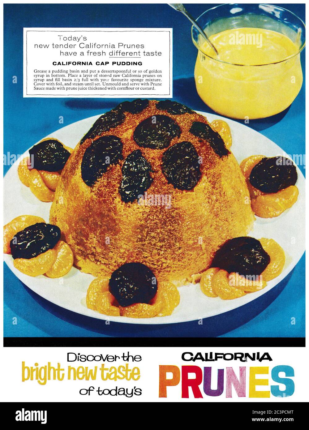 1964 British advertisement for California prunes with a recipe for California cap pudding. Stock Photo