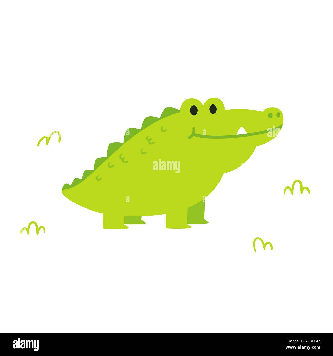 Cute cartoon chubby alligator or crocodile in simple flat cartoon style. Funny clip art illustration for kids. Isolated vector clip art drawing. Stock Vector