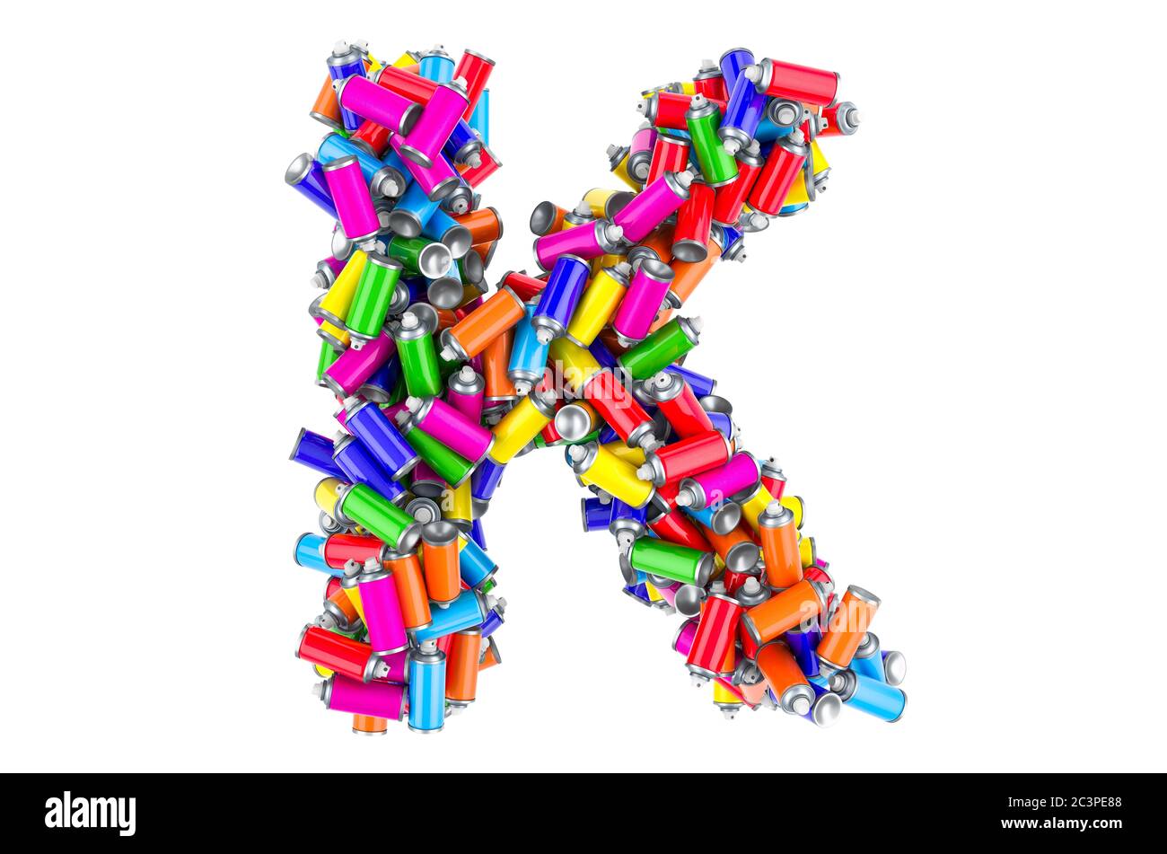 Letter K from colored spray paint cans, 3D rendering isolated on white