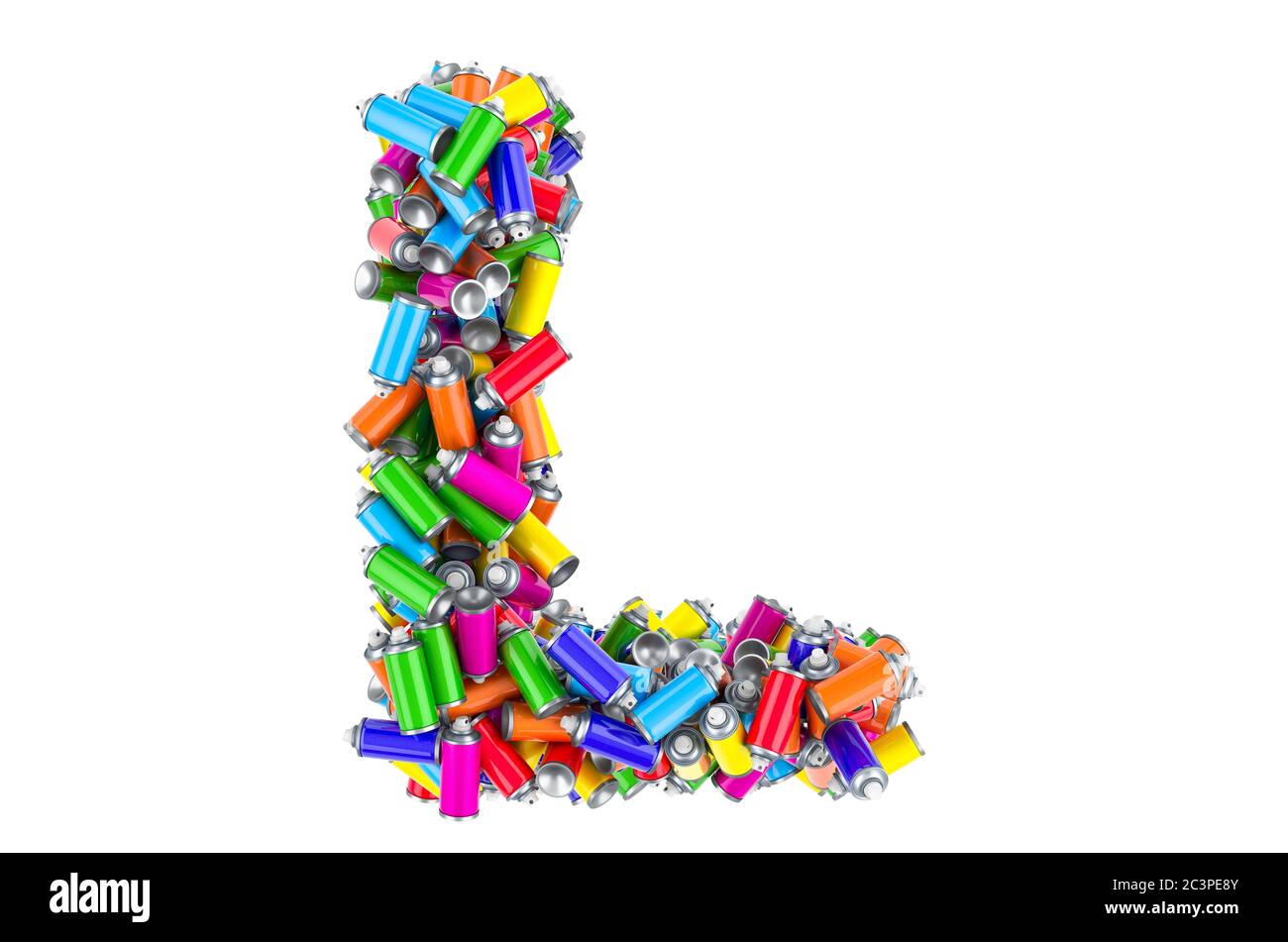 Letter L from colored spray paint cans, 3D rendering isolated on white ...