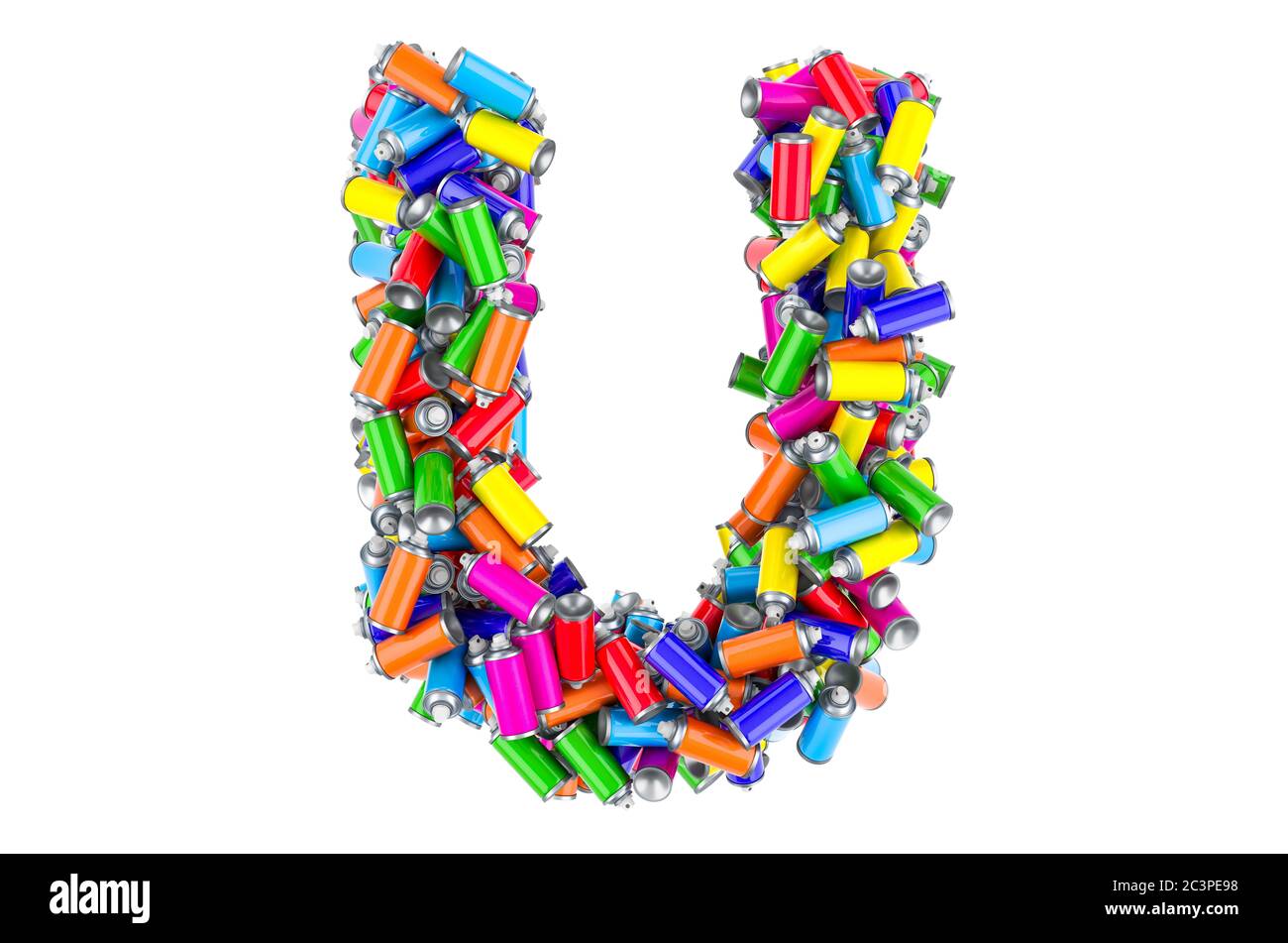 Letter U from colored spray paint cans, 3D rendering isolated on white background Stock Photo