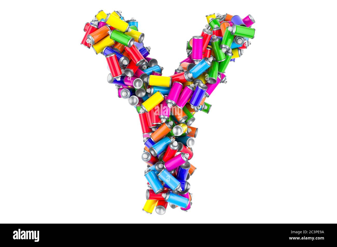 Letter Y from colored spray paint cans, 3D rendering isolated on white background Stock Photo