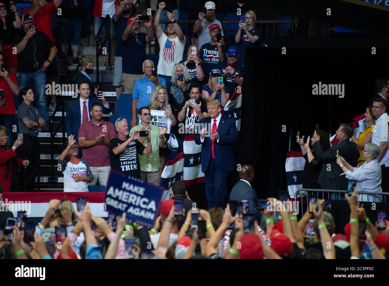 TULSA, Oklahoma, USA. - June 20, 2020: US President Donald J. Trump holds campaign rally in Bank of Oklahoma Center. Makes his grand enterance to the center as Trump Supporters cheer. Stock Photo