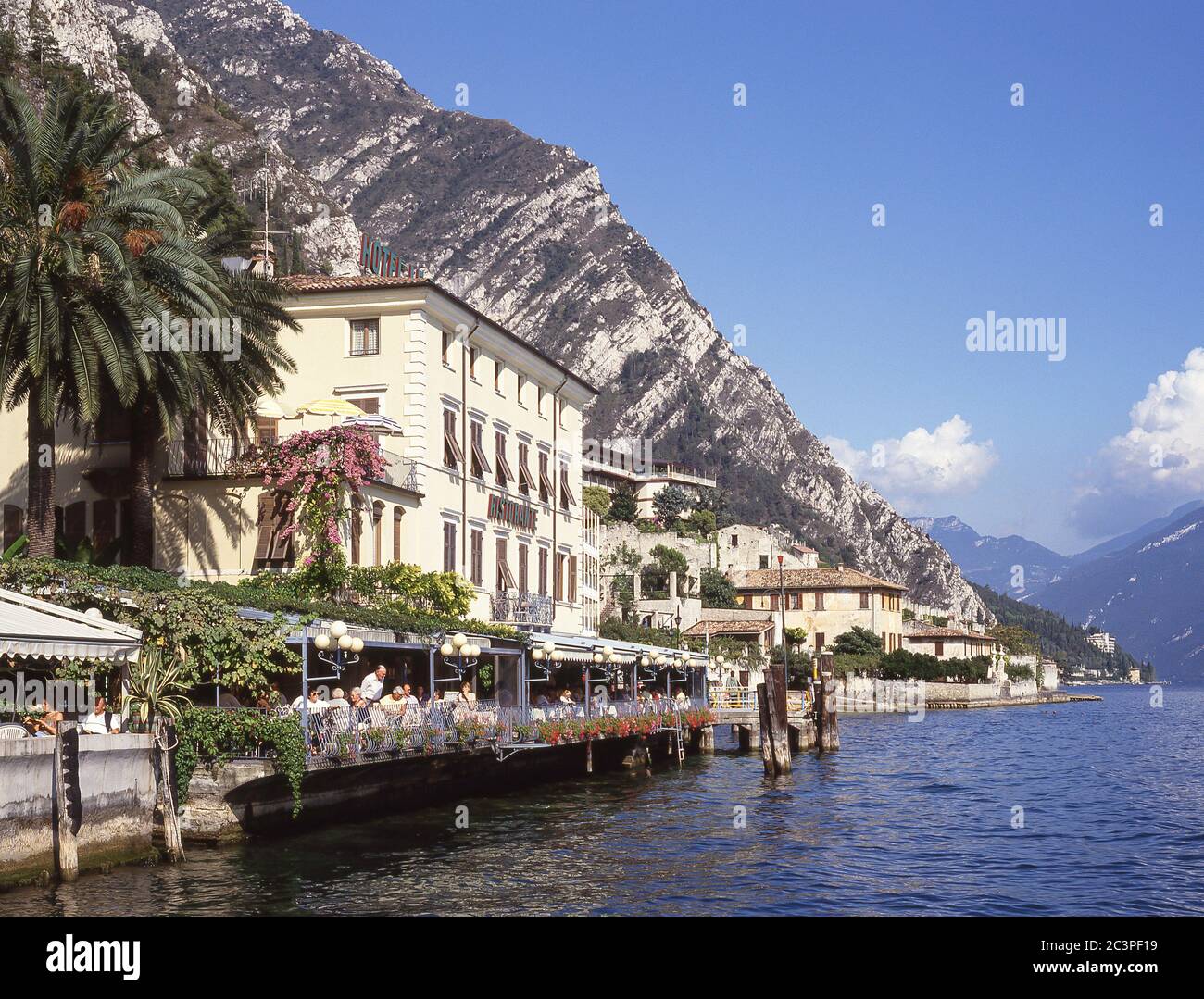 Hotel restaurant on shore of Lake Garda, Sirmione, Province of Brescia, Lombardy Region, Italy Stock Photo