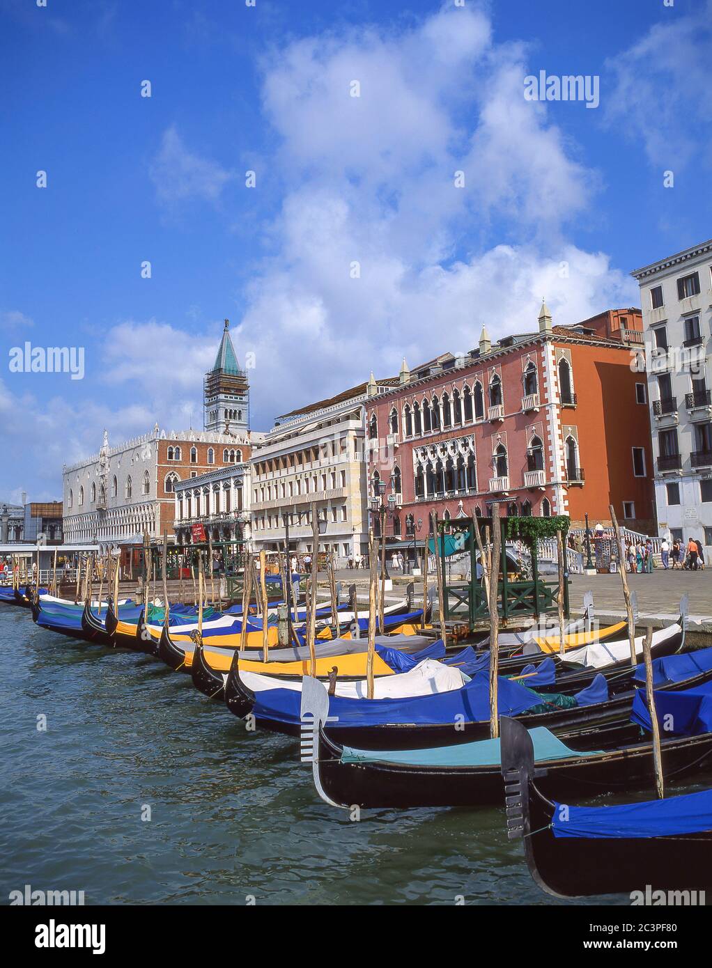 Gondolas moored on waterfront, Grand Canal, Venice, Venice Province, Veneto Region, Italy Stock Photo